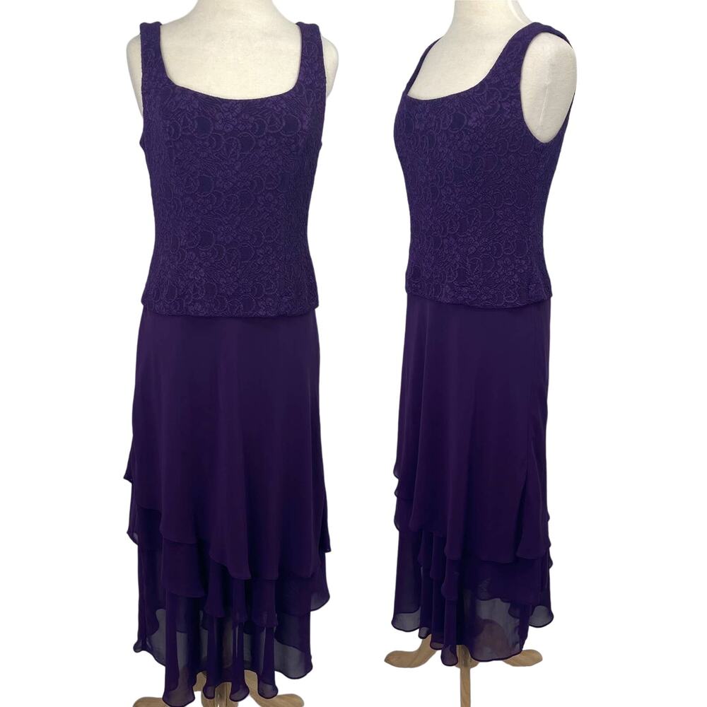 Alex Evenings Semi Formal Maxi Dress Layered Lace Bodice Tiered Skirt Purple 10